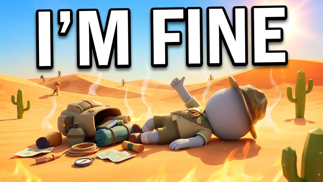 PEAK funny thumbnail template, a scout lying flat in the desert sand giving a thumbs up next to a spilled backpack, map and compass, I'M FINE text