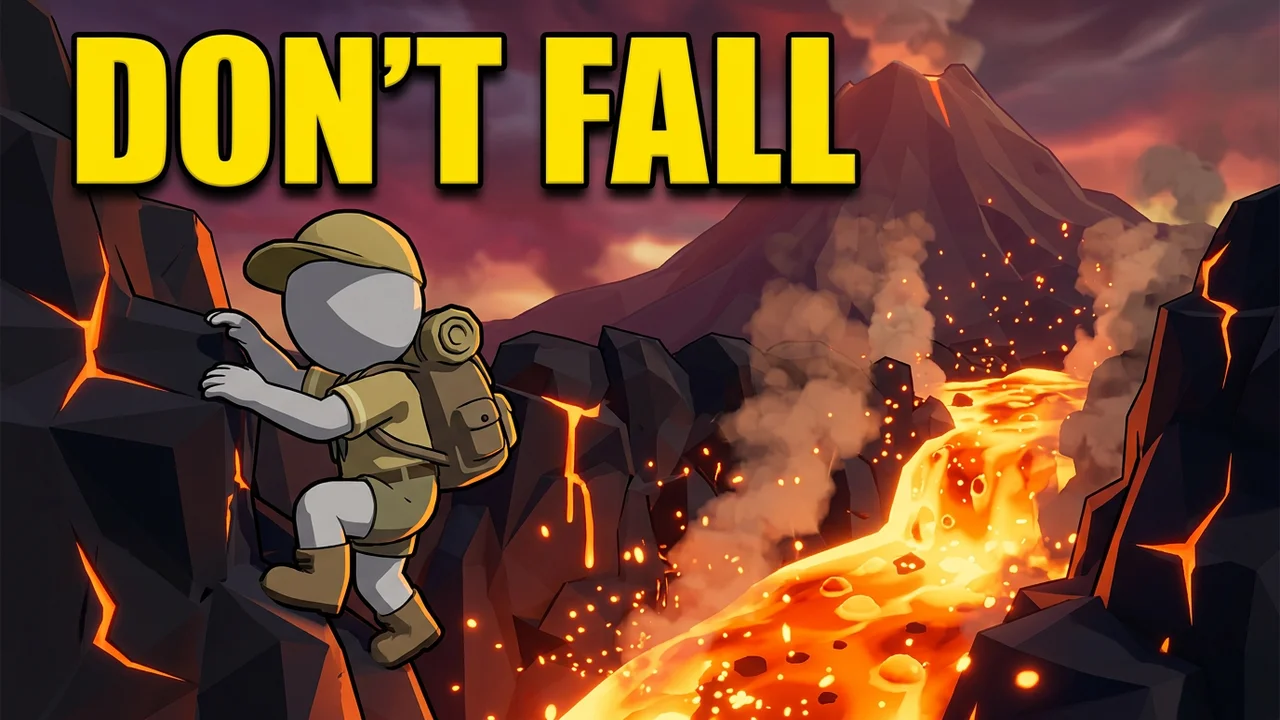 PEAK lava thumbnail template, a scout clinging to a black volcanic rock face above a river of glowing lava, DON'T FALL text