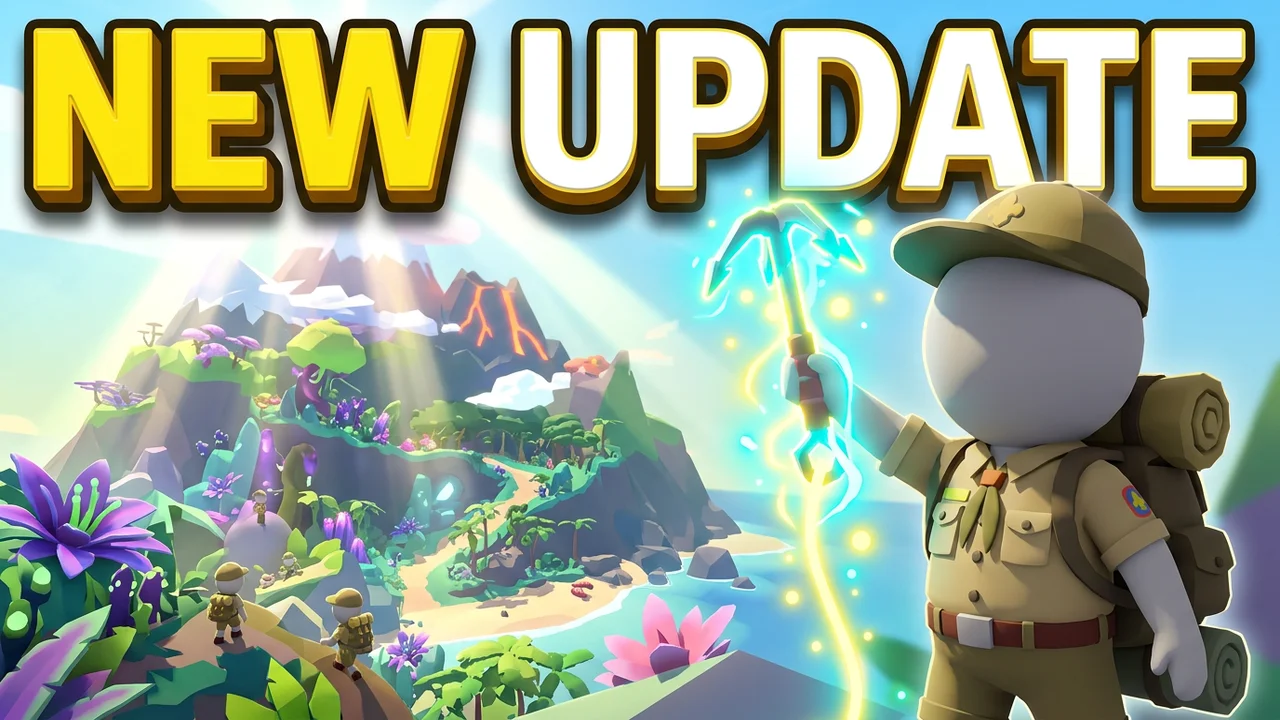 PEAK update thumbnail template, a scout holding up a glowing ice axe in front of a new jungle area with purple plants and light rays, NEW UPDATE text