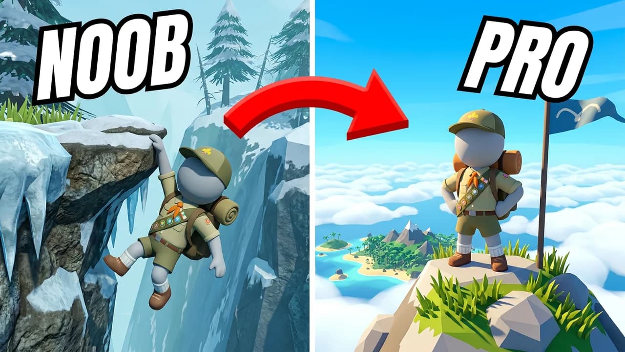 PEAK noob vs pro thumbnail template, a scout dangling from an icy cliff on the left, a red arrow to the same scout standing proud by a flag on the summit on the right, NOOB and PRO text