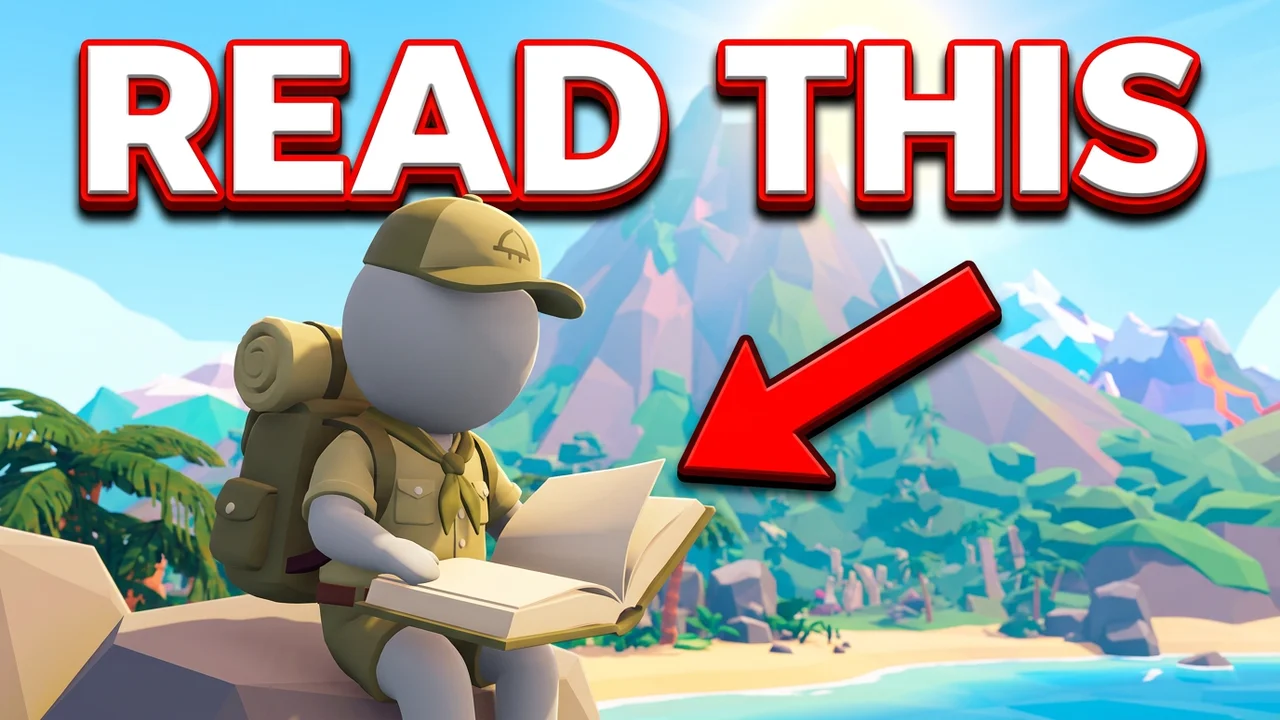 PEAK guide thumbnail template, a scout sitting on a rock reading an open book with a red arrow pointing at it and a tropical beach behind, READ THIS text