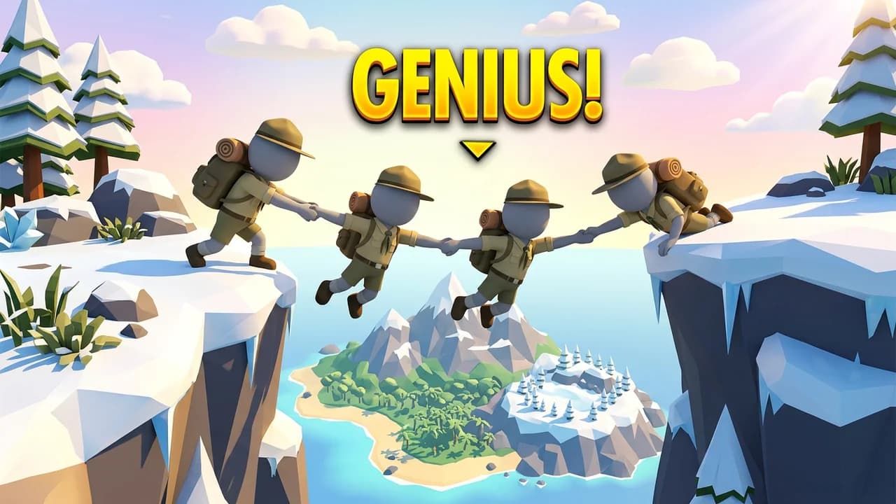 PEAK teamwork thumbnail template, four scouts holding hands in a human chain across a gap between two snowy cliffs, GENIUS! text
