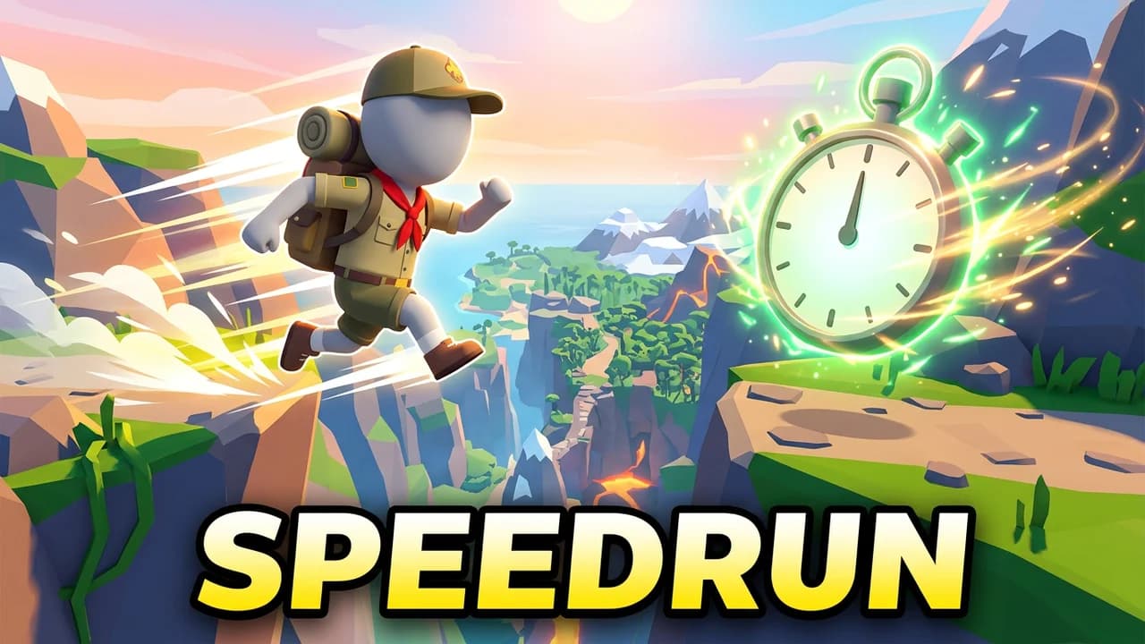 PEAK speedrun thumbnail template, a scout sprinting off a cliff edge with a glowing green stopwatch beside them and the island behind, SPEEDRUN text