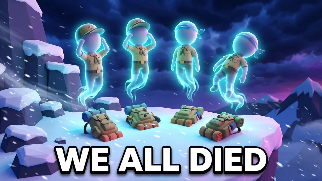PEAK squad wipe thumbnail template, four glowing ghost scouts floating above four empty backpacks on a snowy ledge at night, WE ALL DIED text