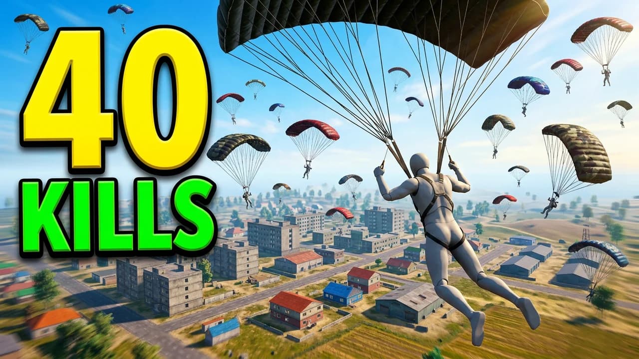 PUBG hot drop thumbnail template, a player parachuting over a big town with dozens of other parachutes in the blue sky, a giant yellow 40 and green KILLS on the left