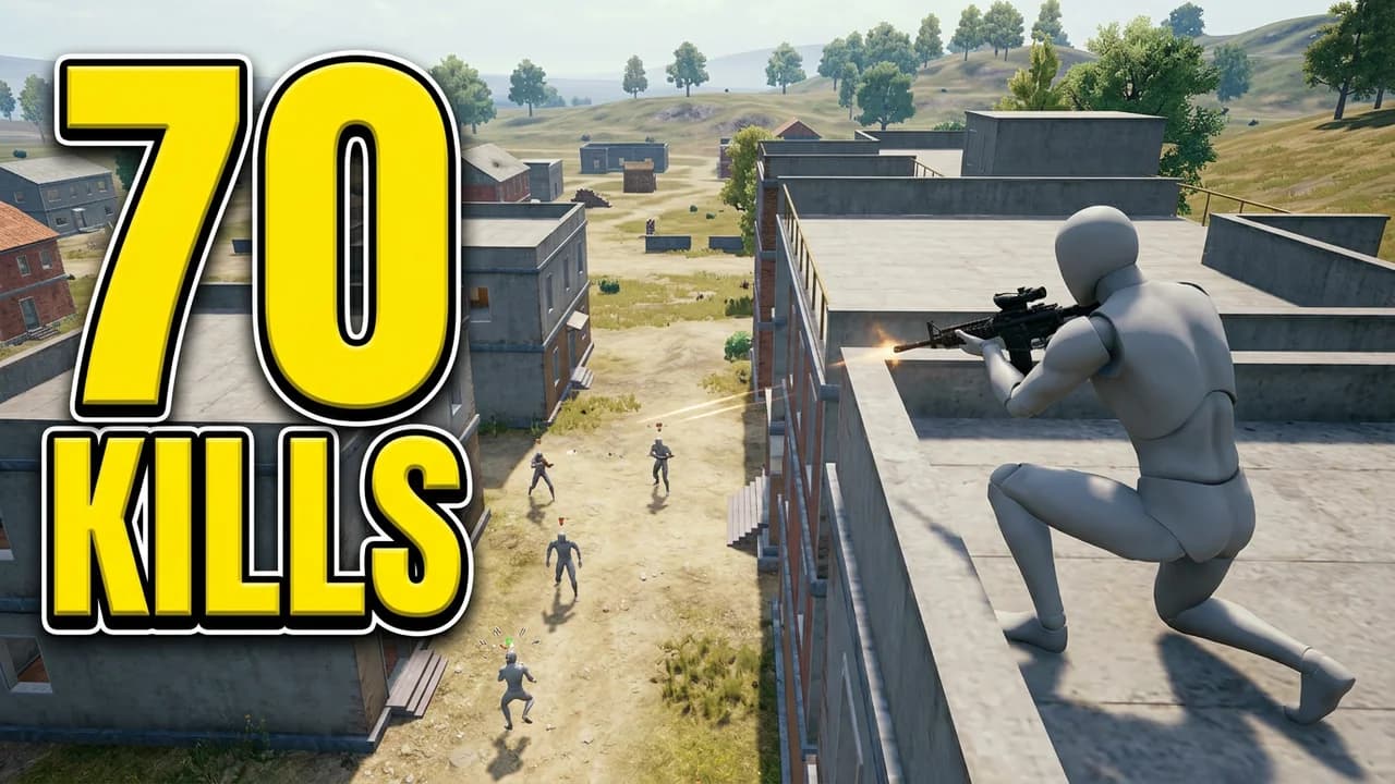 PUBG 70 kills thumbnail template, a player kneeling on a concrete rooftop aiming a rifle at enemies in the street below, a rural town around, a giant yellow 70 KILLS on the left