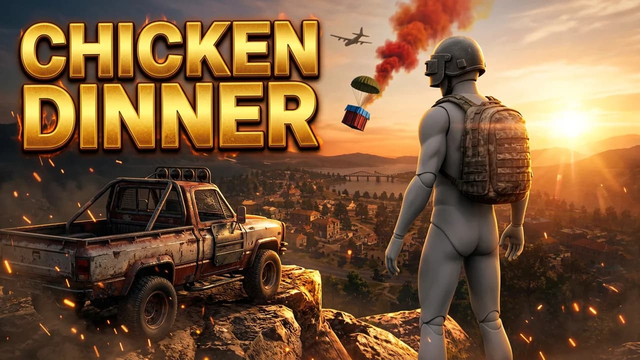 PUBG winner winner chicken dinner thumbnail template, a player in a level 3 helmet and backpack on a cliff at sunset beside a rusty pickup truck, an airdrop crate with red smoke falling, CHICKEN DINNER in gold