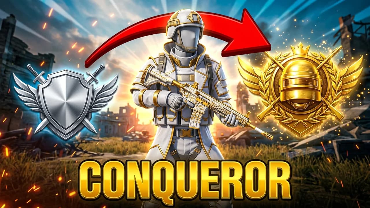 PUBG Conqueror rank push thumbnail template, a player in a white and gold outfit holding a rifle, a silver winged shield badge on the left and a gold winged helmet Conqueror badge on the right, a red arrow between them, CONQUEROR in gold