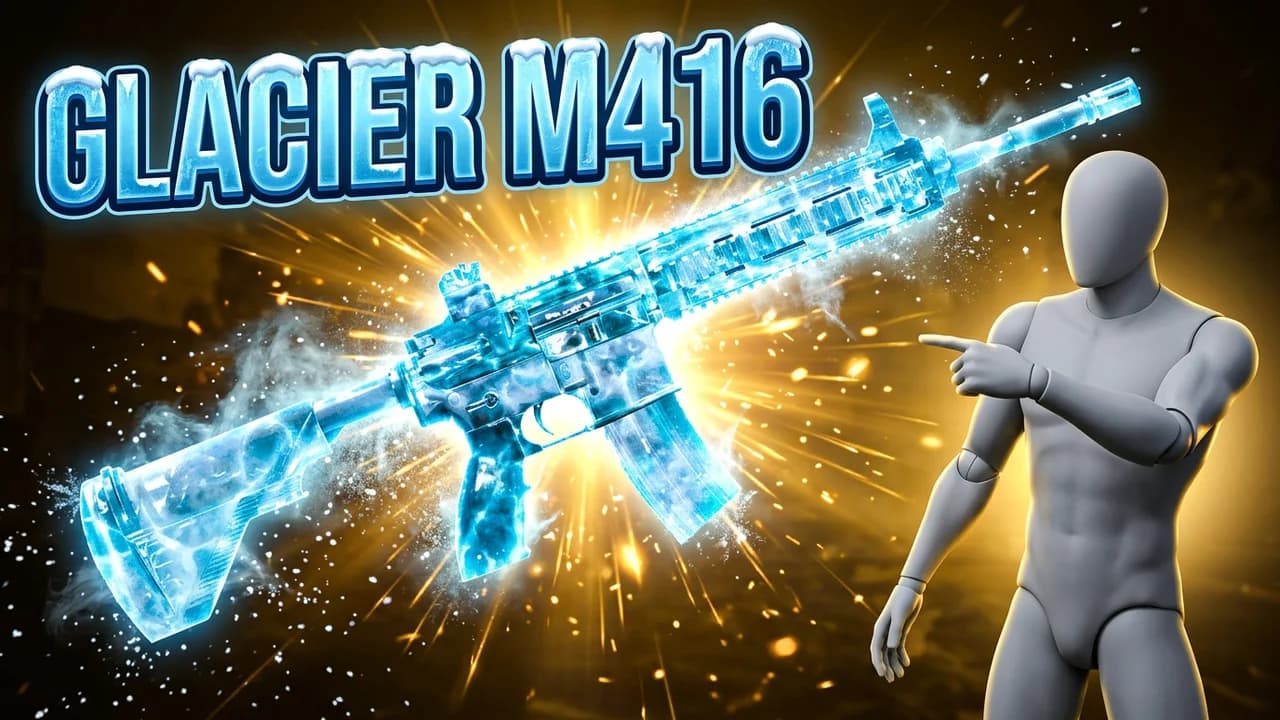 PUBG Glacier M416 thumbnail template, an ice blue crystal camo assault rifle bursting with frost on a glowing gold background, a player pointing at it, GLACIER M416 in icy blue letters