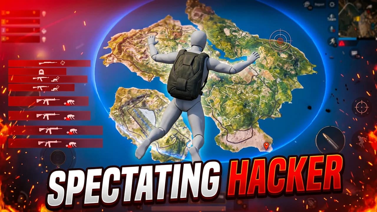 PUBG spectating hacker thumbnail template, a player skydiving high above the island map, a red kill feed with gun icons down the left side, fiery red edges, SPECTATING HACKER in white and red