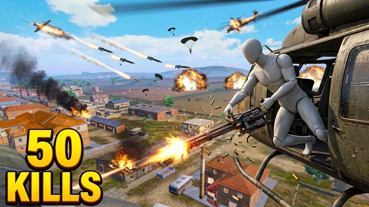 PUBG payload helicopter thumbnail template, a player leaning out of an attack helicopter firing a minigun at a burning town, rockets and parachutes in the sky, 50 KILLS in yellow