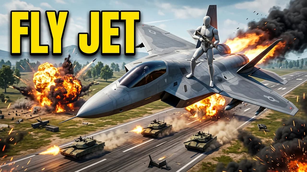 PUBG payload jet thumbnail template, a player standing on the wing of a grey fighter jet roaring low over a runway, tanks and explosions below, FLY JET in yellow