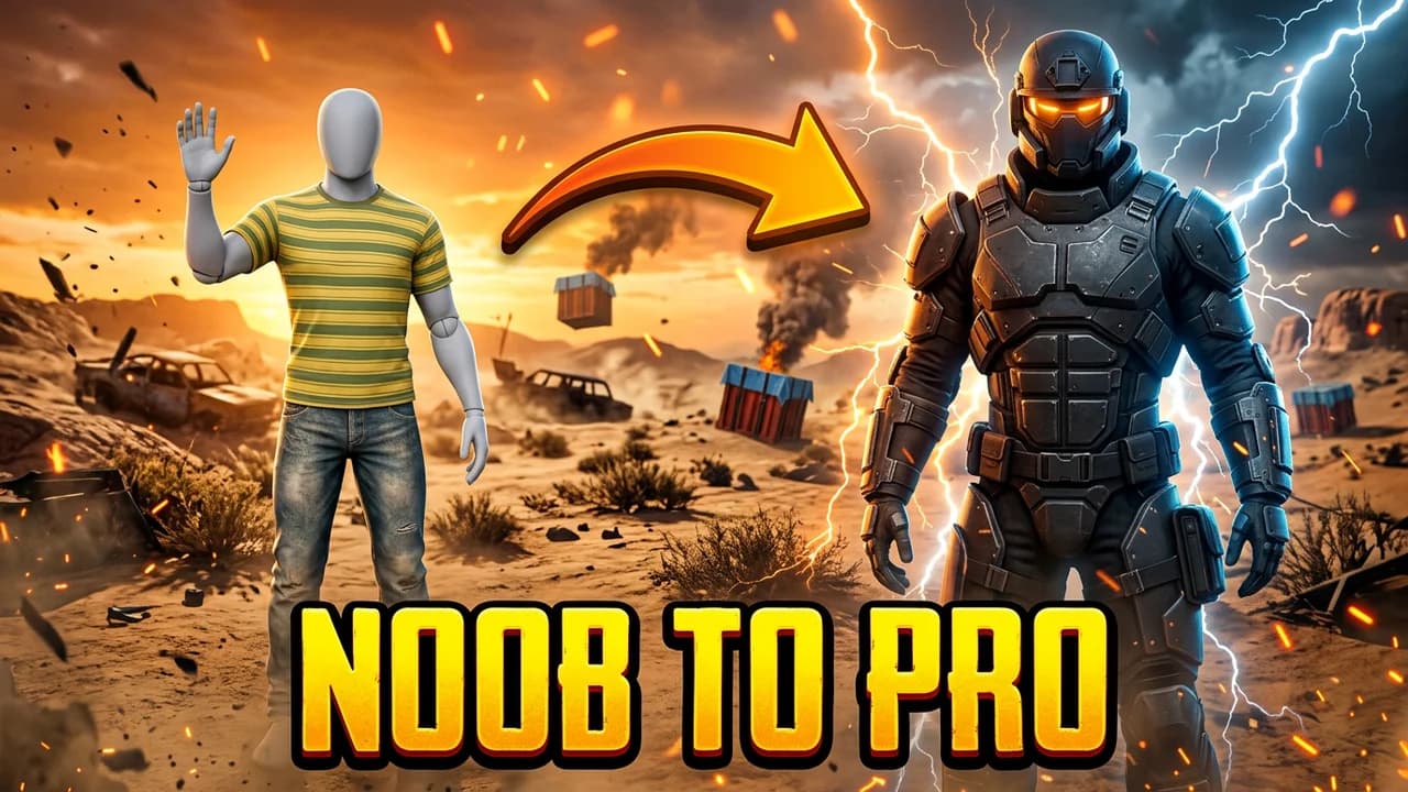 PUBG noob to pro thumbnail template, a player in a striped t-shirt and jeans waving on a desert map, an orange curved arrow to the same player in black armour with a glowing orange visor and lightning behind, NOOB TO PRO in yellow