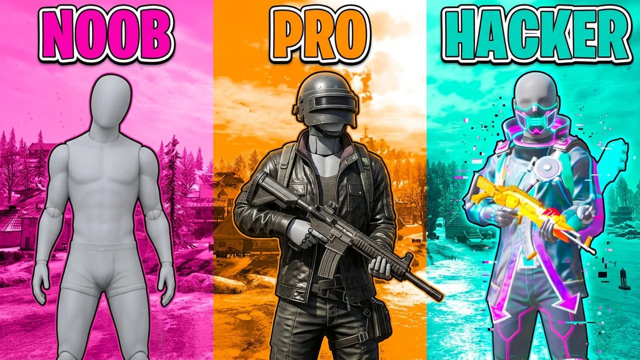 PUBG noob vs pro vs hacker thumbnail template, three panels on pink, orange and teal, a player in plain underwear, a player in a level 3 helmet and leather jacket with a rifle, and a glowing neon masked player with a gold rifle, NOOB, PRO and HACKER at the top