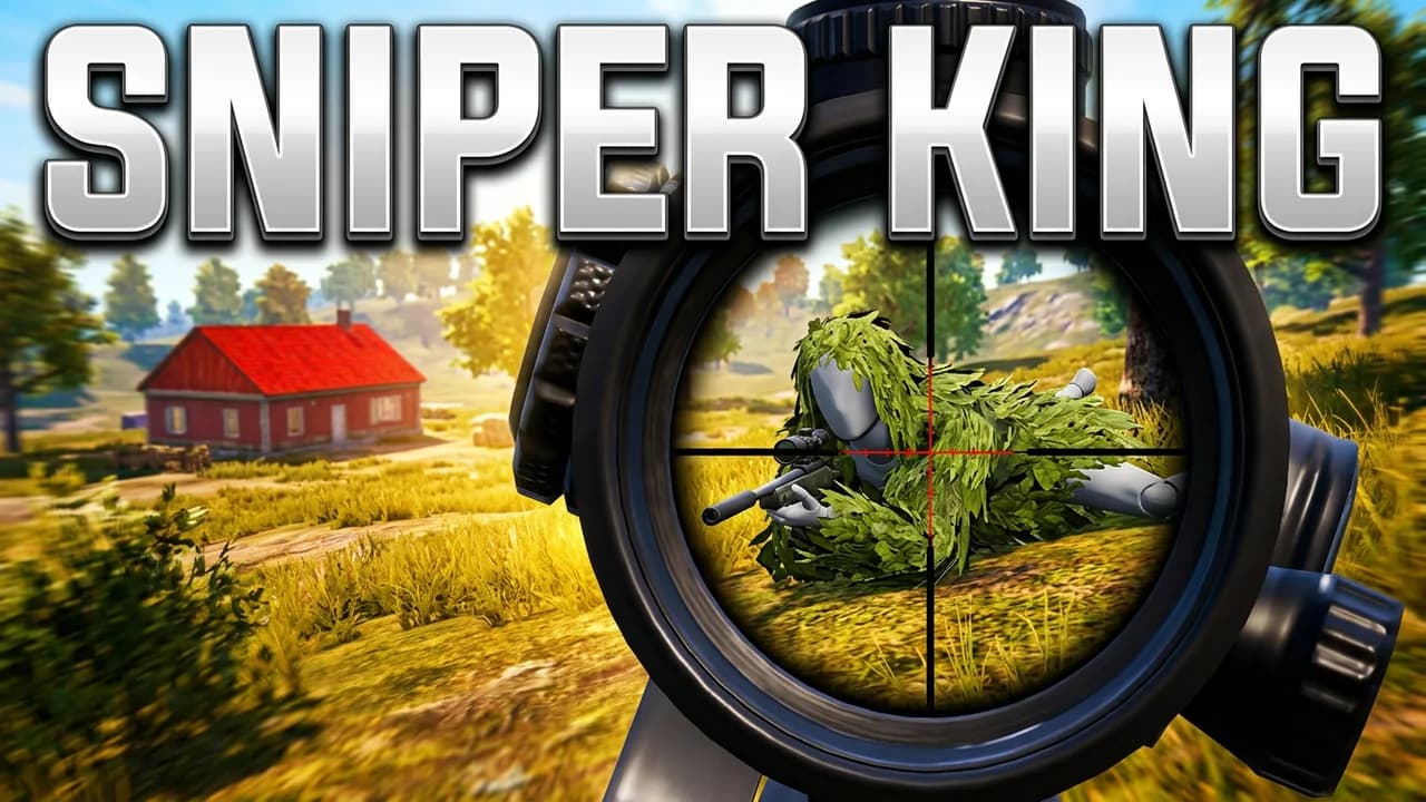 PUBG sniper thumbnail template, a big black sniper scope with a player in a green ghillie suit lying in the grass under the crosshair, a sunny field with a red roofed house, SNIPER KING in white at the top