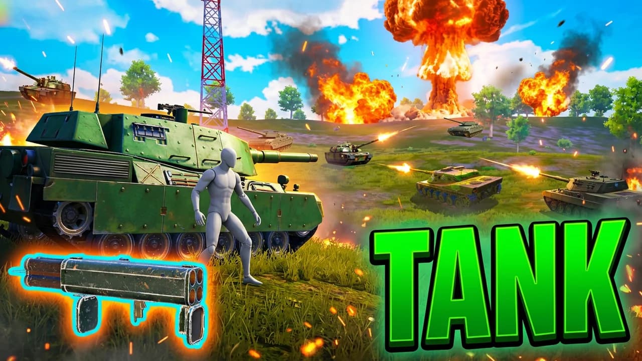 PUBG payload mode tank thumbnail template, a player standing beside a big green battle tank on a grassy field, tanks firing and a mushroom cloud behind, a rocket launcher bottom left, TANK in green