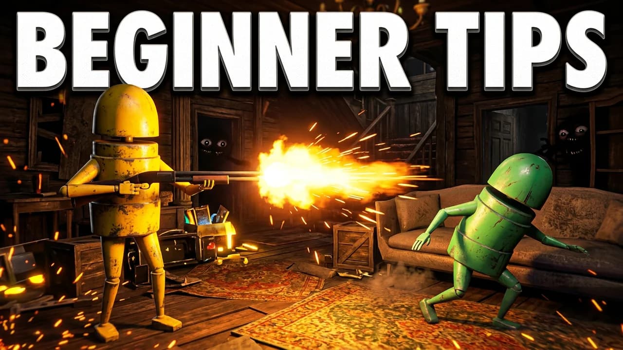 R.E.P.O. tips thumbnail template, a yellow robot firing a shotgun blast across a wooden mansion room at a green robot ducking, BEGINNER TIPS text