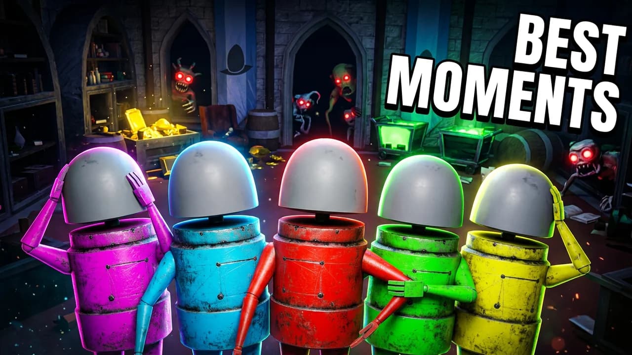 R.E.P.O. highlights thumbnail template, five robots in pink, blue, red, green and yellow squeezed shoulder to shoulder with red-eyed monsters lurking behind, BEST MOMENTS text