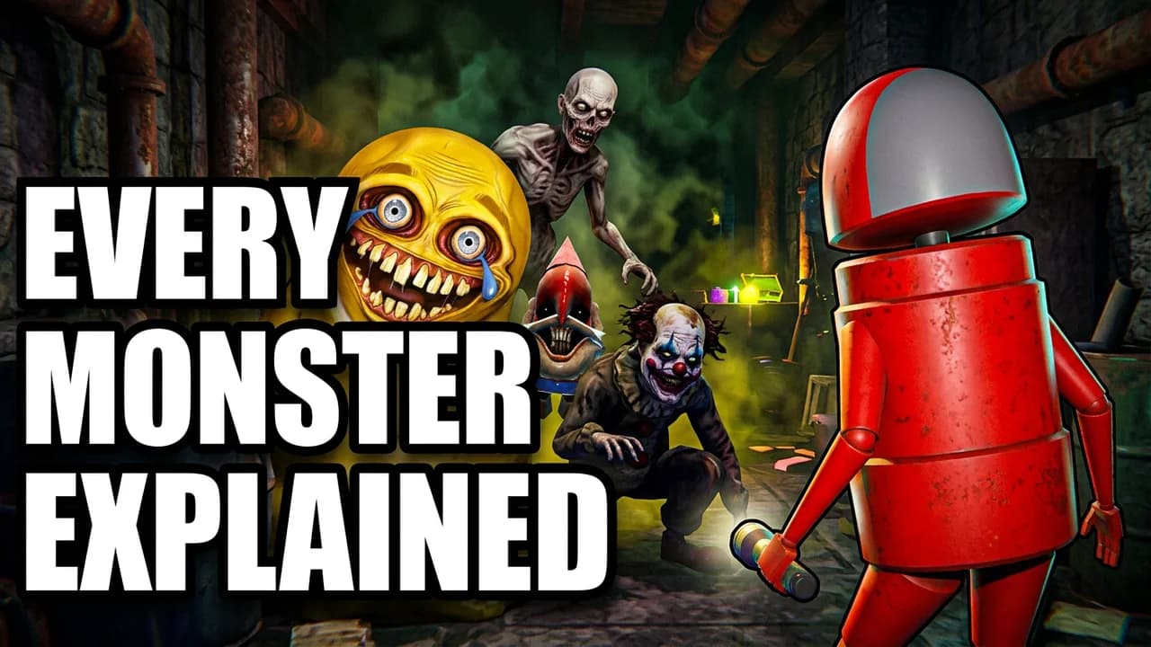 R.E.P.O. monster guide thumbnail template, a red robot with a flashlight facing a crowd of creepy monsters, a grinning blob, a ghoul, a gnome and a clown, EVERY MONSTER EXPLAINED text