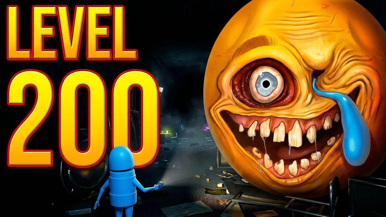R.E.P.O. high level thumbnail template, a giant grinning one-eyed yellow monster crying a blue tear beside a tiny blue robot with a flashlight, LEVEL 200 text
