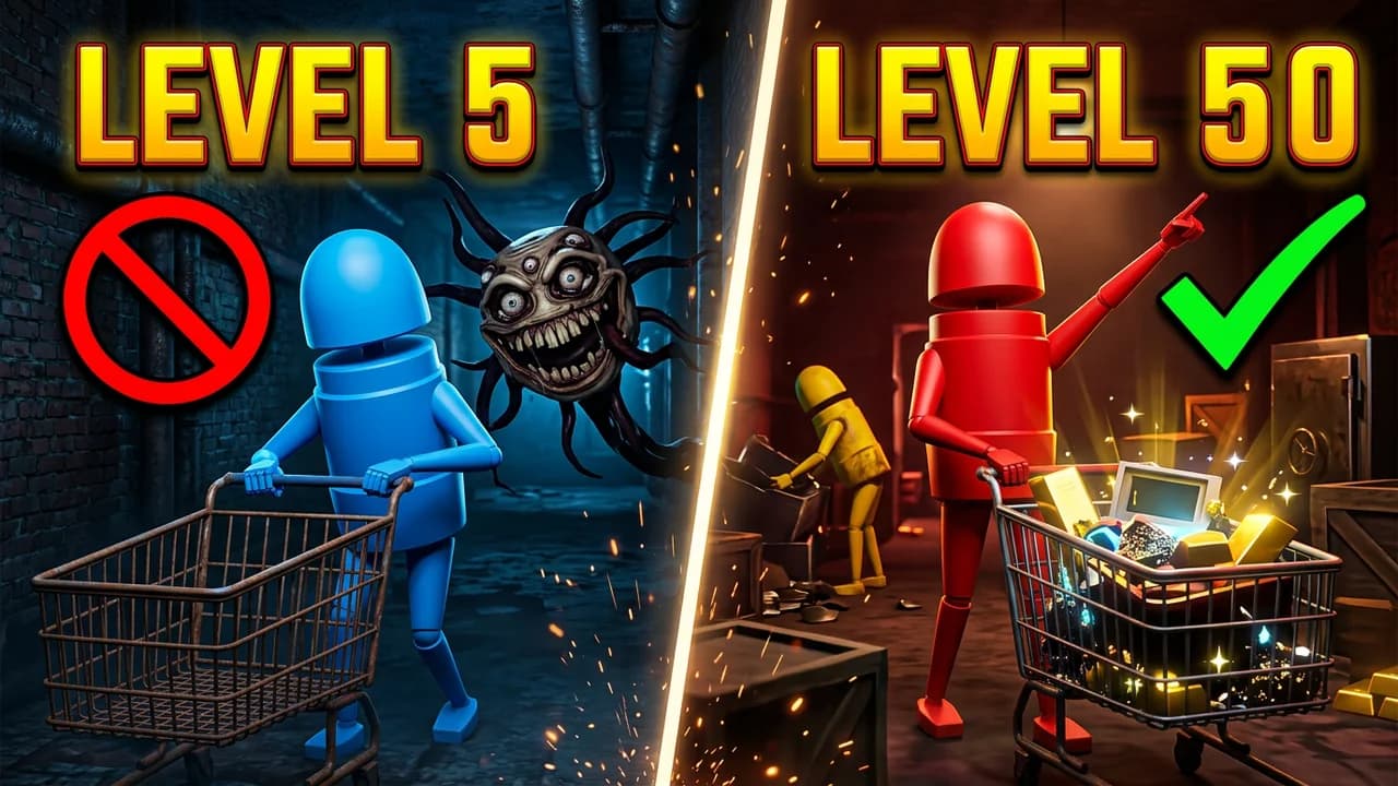 R.E.P.O. progress split thumbnail template, a scared blue robot with an empty cart and a red no sign on the left, a red robot with a cart full of loot and a green tick on the right, LEVEL 5 and LEVEL 50 text