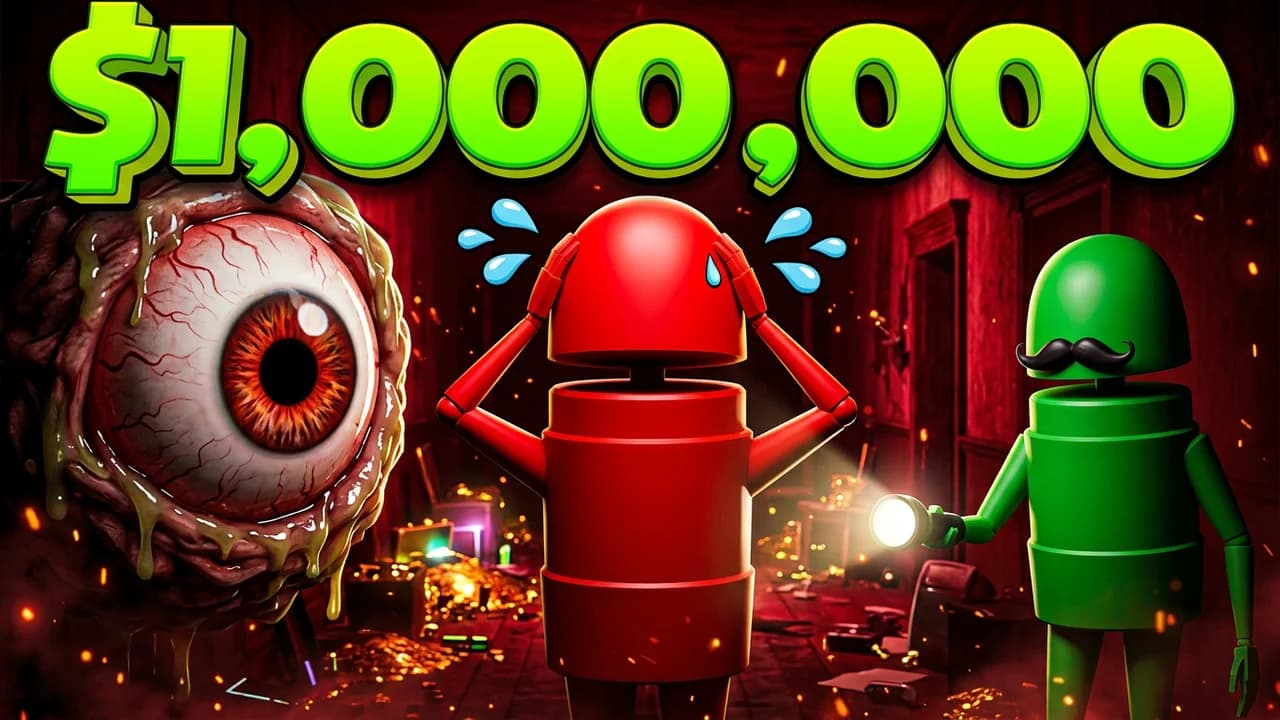 R.E.P.O. money thumbnail template, a sweating red robot between a giant eyeball monster and a green robot with a moustache in a dark red room, $1,000,000 text