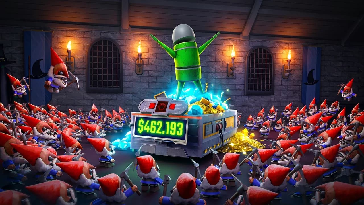R.E.P.O. loot thumbnail template, a green robot cheering on a cart piled with glowing crystals and gold, surrounded by a swarm of red-capped gnome monsters, $462,193 text