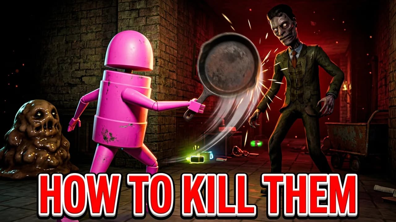 R.E.P.O. combat guide thumbnail template, a pink robot swinging a frying pan at a tall monster in a suit with a slime blob monster on the left, HOW TO KILL THEM text