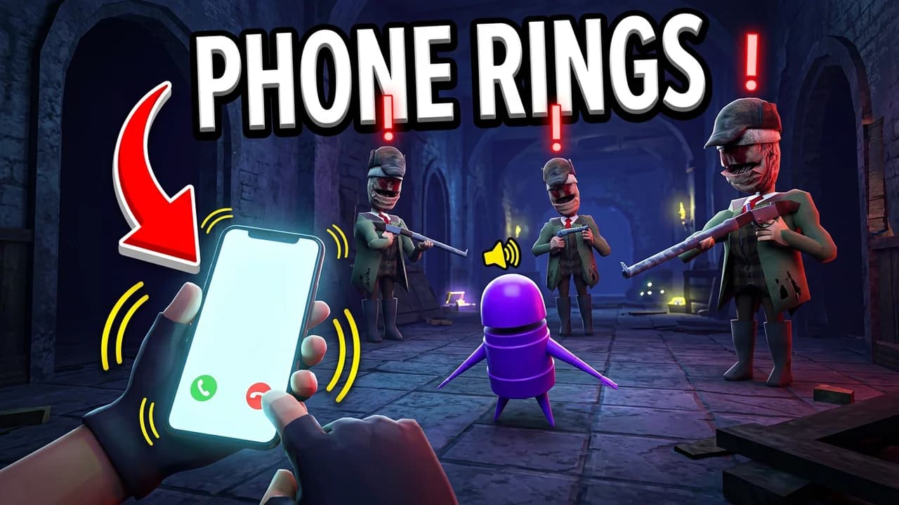 R.E.P.O. funny thumbnail template, a hand holding a ringing phone while a purple robot freezes in front of three creepy soldier monsters, a red arrow at the phone, PHONE RINGS text