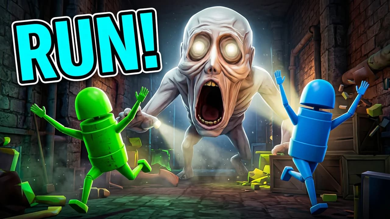R.E.P.O. horror thumbnail template, a huge pale monster with glowing eyes and an open mouth chasing a green robot and a blue robot down a dark corridor, RUN! text