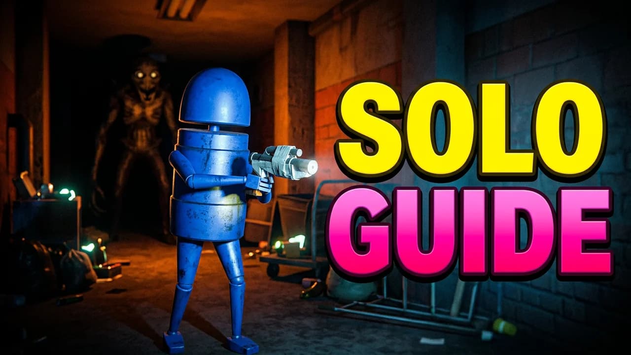 R.E.P.O. solo thumbnail template, a blue robot holding a silver gun alone in a dim room with a shadowy monster behind it, SOLO GUIDE text