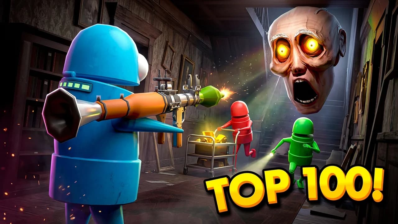 R.E.P.O. funny moments thumbnail template, a blue robot aiming a rocket launcher at a floating bald monster head with glowing eyes in a dark mansion hallway, TOP 100! text