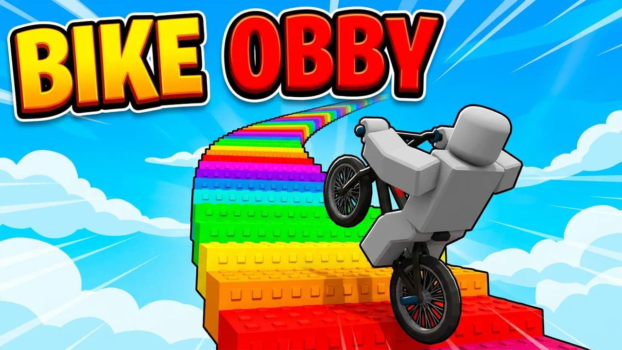 Roblox bike obby game thumbnail template, a player doing a wheelie on a BMX up a giant rainbow block ramp, big BIKE OBBY text