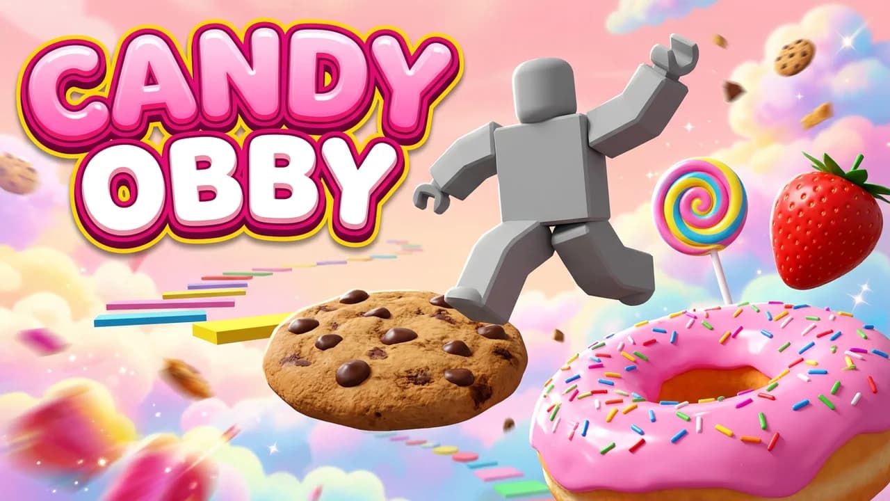 Roblox candy obby game thumbnail template, a player jumping from a giant cookie to a pink sprinkle donut with a lollipop and strawberry in a pastel sky, big CANDY OBBY text