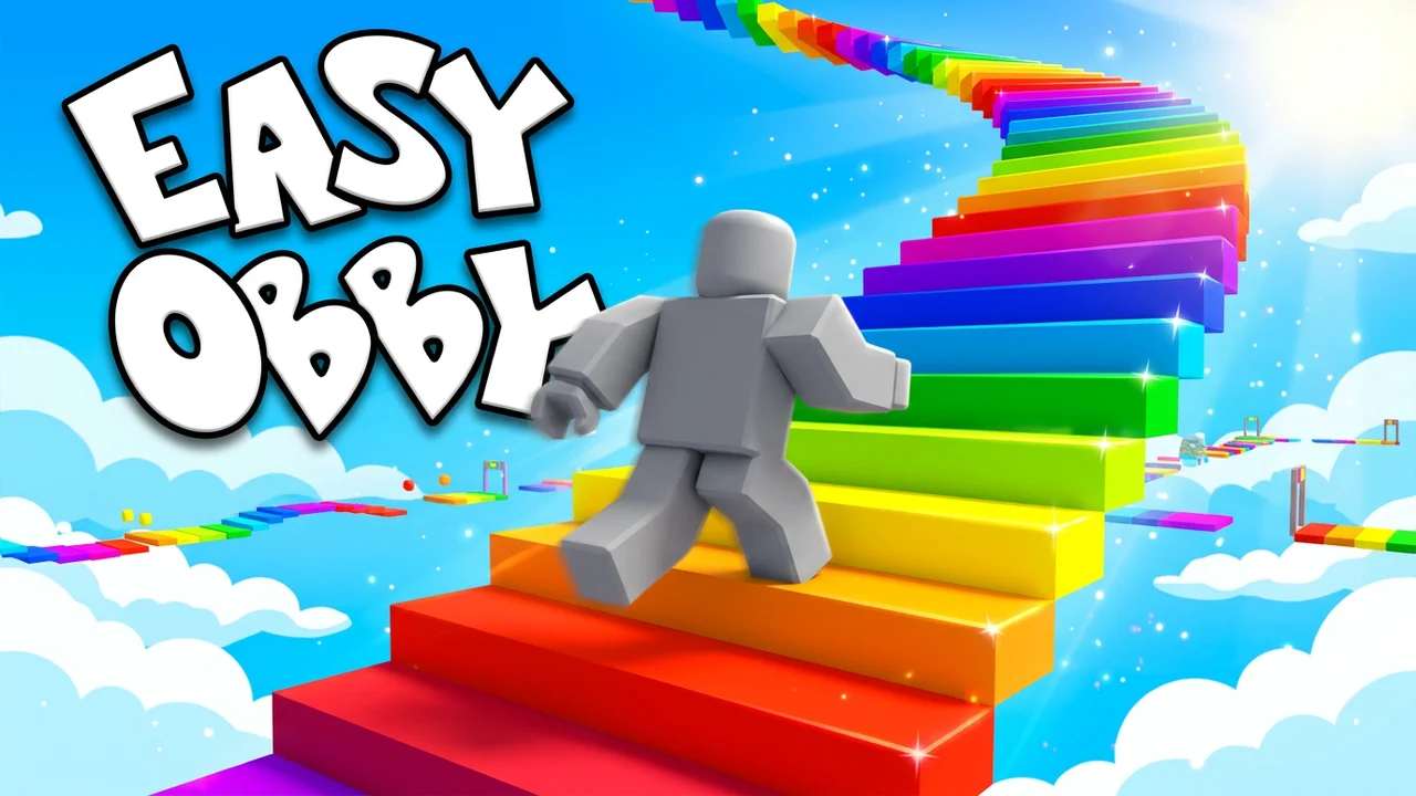 Roblox easy obby game thumbnail template, a player running up a rainbow staircase into the clouds under big EASY OBBY text