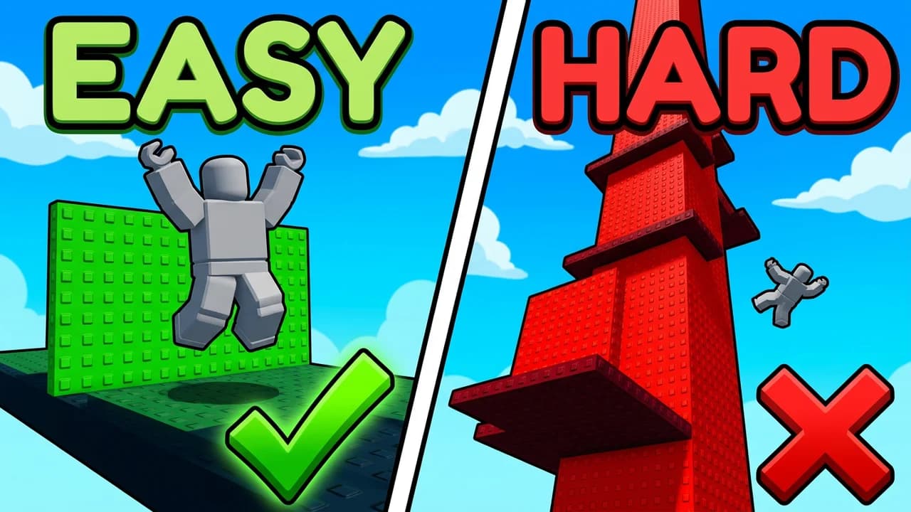 Roblox easy vs hard obby game thumbnail template, split frame with a player jumping a green wall and a check mark on the EASY side, a tall red tower and an X on the HARD side