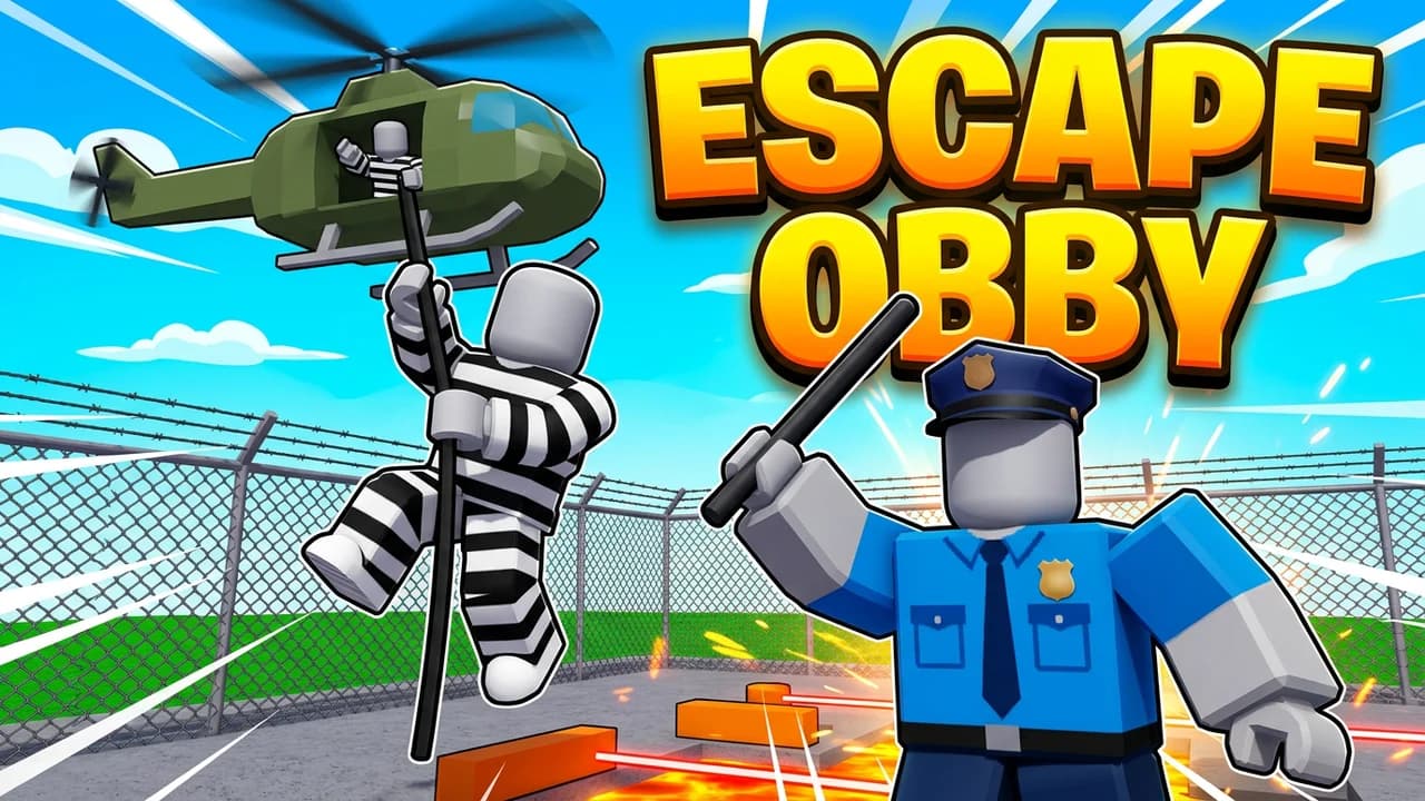 Roblox escape obby game thumbnail template, a prisoner climbing a rope to a helicopter over a prison fence while a police guard with a baton chases, big ESCAPE OBBY text