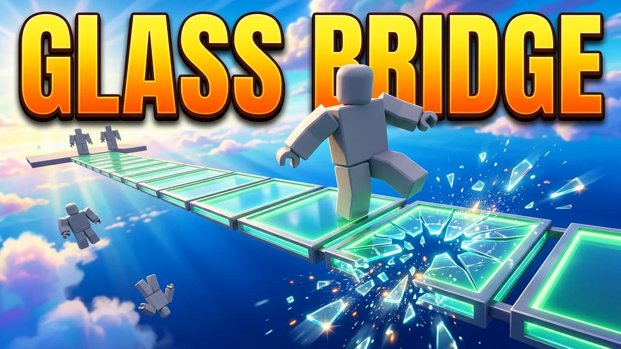 Roblox glass bridge obby game thumbnail template, a player stepping onto a glass panel that shatters high above the clouds while others fall, big GLASS BRIDGE text