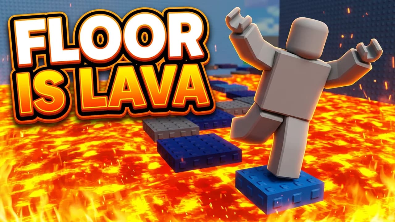 Roblox floor is lava obby game thumbnail template, a player balancing on a blue block over a glowing lava floor, big FLOOR IS LAVA text