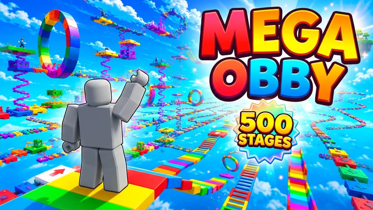 Roblox mega obby game thumbnail template, a player waving on a rainbow start platform in front of hundreds of floating obby stages, MEGA OBBY text and a 500 STAGES badge