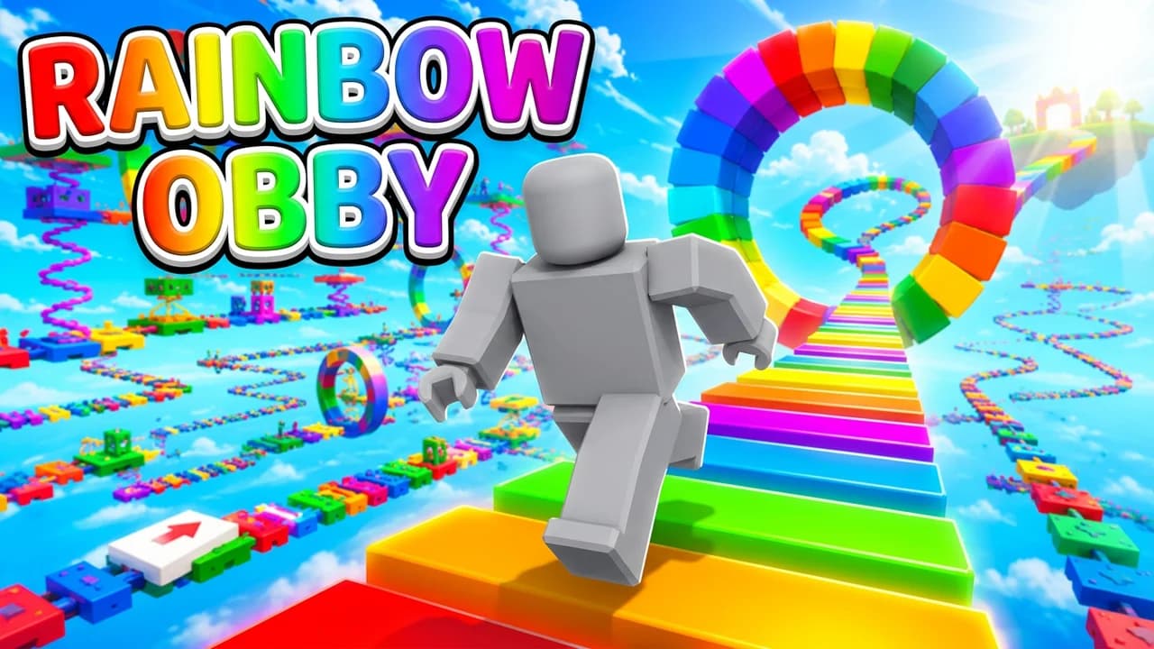 Roblox rainbow obby game thumbnail template, a player running up rainbow steps toward a giant rainbow loop in the sky, big multicolour RAINBOW OBBY text