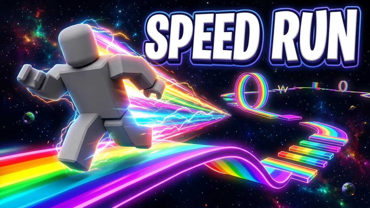 Roblox speed run obby game thumbnail template, a player sprinting with lightning trails along a neon rainbow track in space, big SPEED RUN text