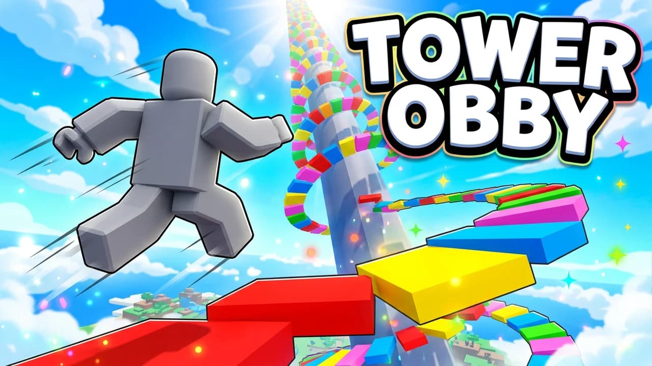 Roblox tower obby game thumbnail template, a player leaping between colourful floating blocks around a tall spiral tower, big TOWER OBBY text
