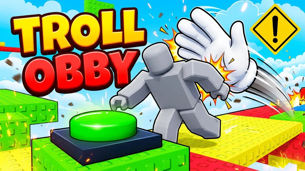 Roblox troll obby game thumbnail template, a player about to press a big green button while a giant slap glove flies in, a warning sign and TROLL OBBY text