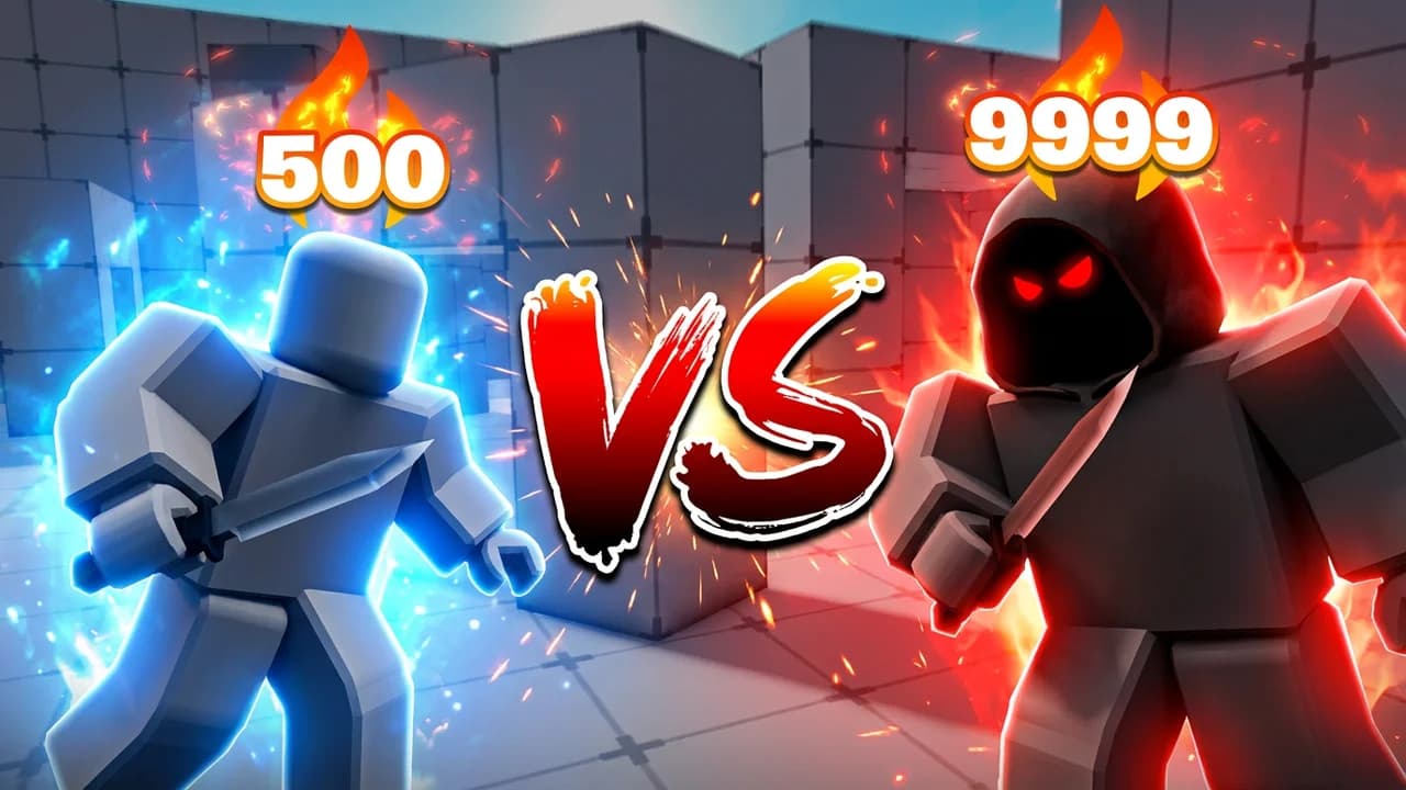 Roblox Rivals 1v1 thumbnail template, a blue-lit player with a knife facing a hooded red rival with glowing eyes, big red VS and flame scores 500 and 9999