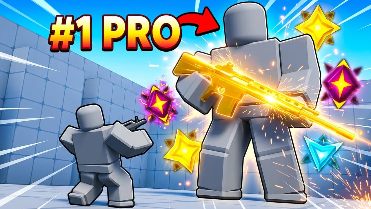 Roblox Rivals 1v1 the best player thumbnail template, a giant #1 pro with a glowing gold rifle and top rank badges towering over a small player aiming up at him