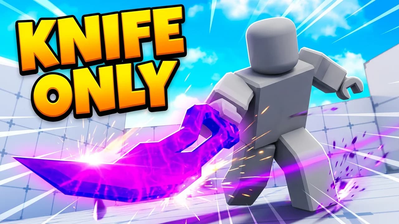 Roblox Rivals knife only thumbnail template, a player lunging with a huge glowing purple knife at the camera under big KNIFE ONLY text