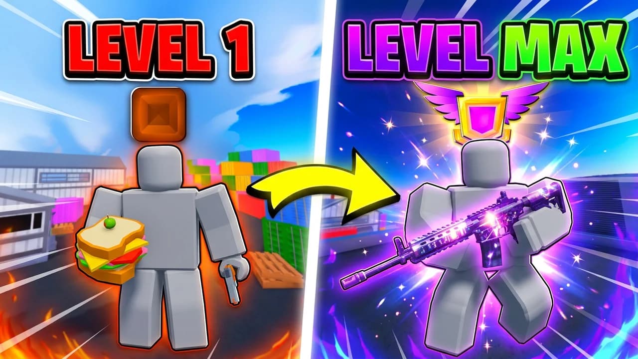 Roblox Rivals level 1 vs max level thumbnail template, a level 1 player with a sandwich and a bronze rank badge, an arrow, and a max level player with a glowing purple rifle and a winged top rank badge
