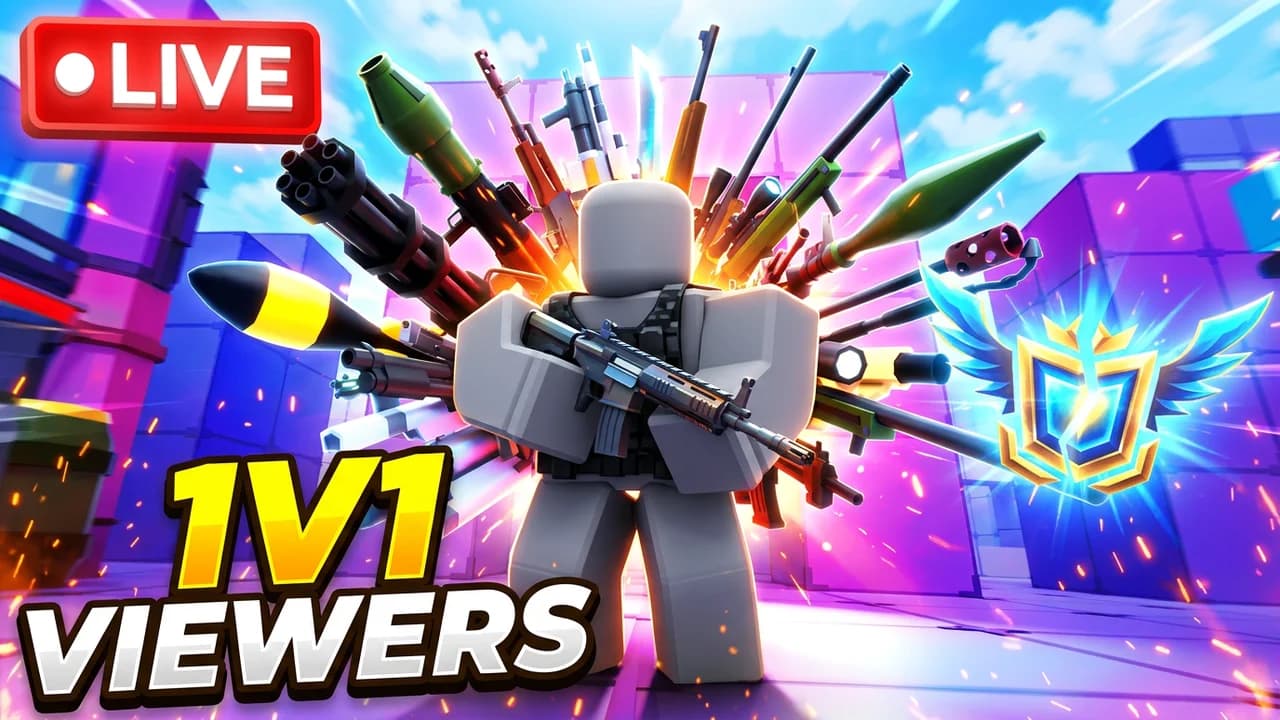 Roblox Rivals live stream thumbnail template, a player with a rifle in front of a fan of weapons, a red LIVE badge, a winged rank badge and 1V1 VIEWERS text
