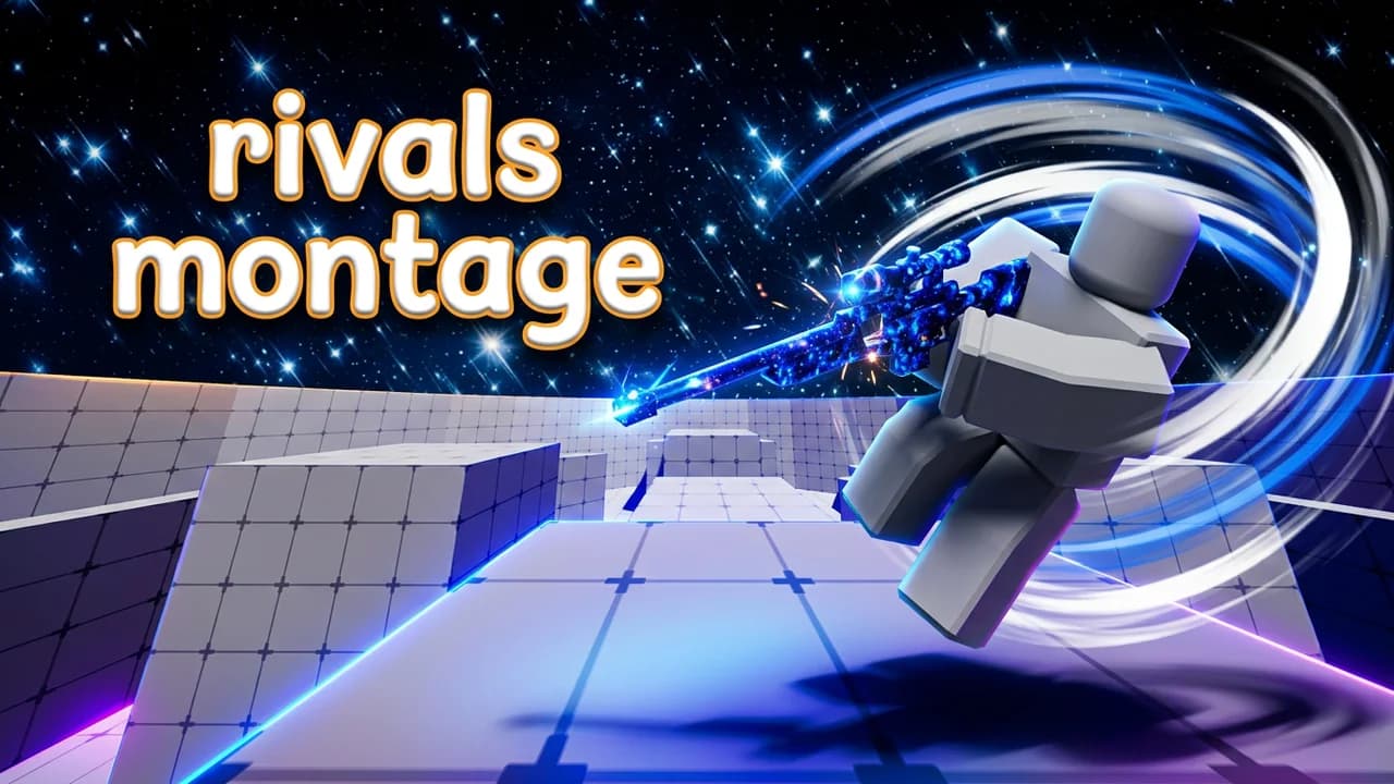 Roblox Rivals montage thumbnail template, a player mid flick with a blue galaxy sniper and motion swirls under a starry night sky, soft lowercase rivals montage text